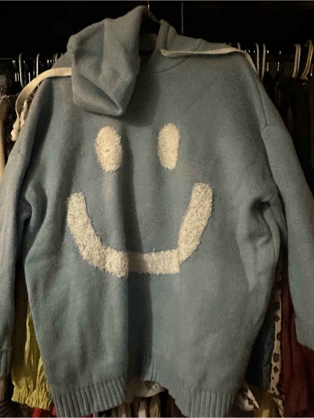 Light Blue women’s Hooded Sweater with Cream Smiley Face